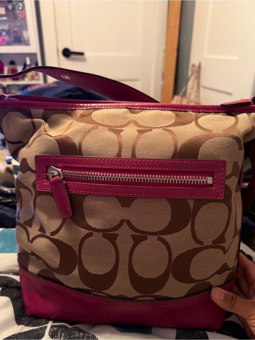 Coach Tan Signature Canvas Shoulder Bag with Pink Trim
